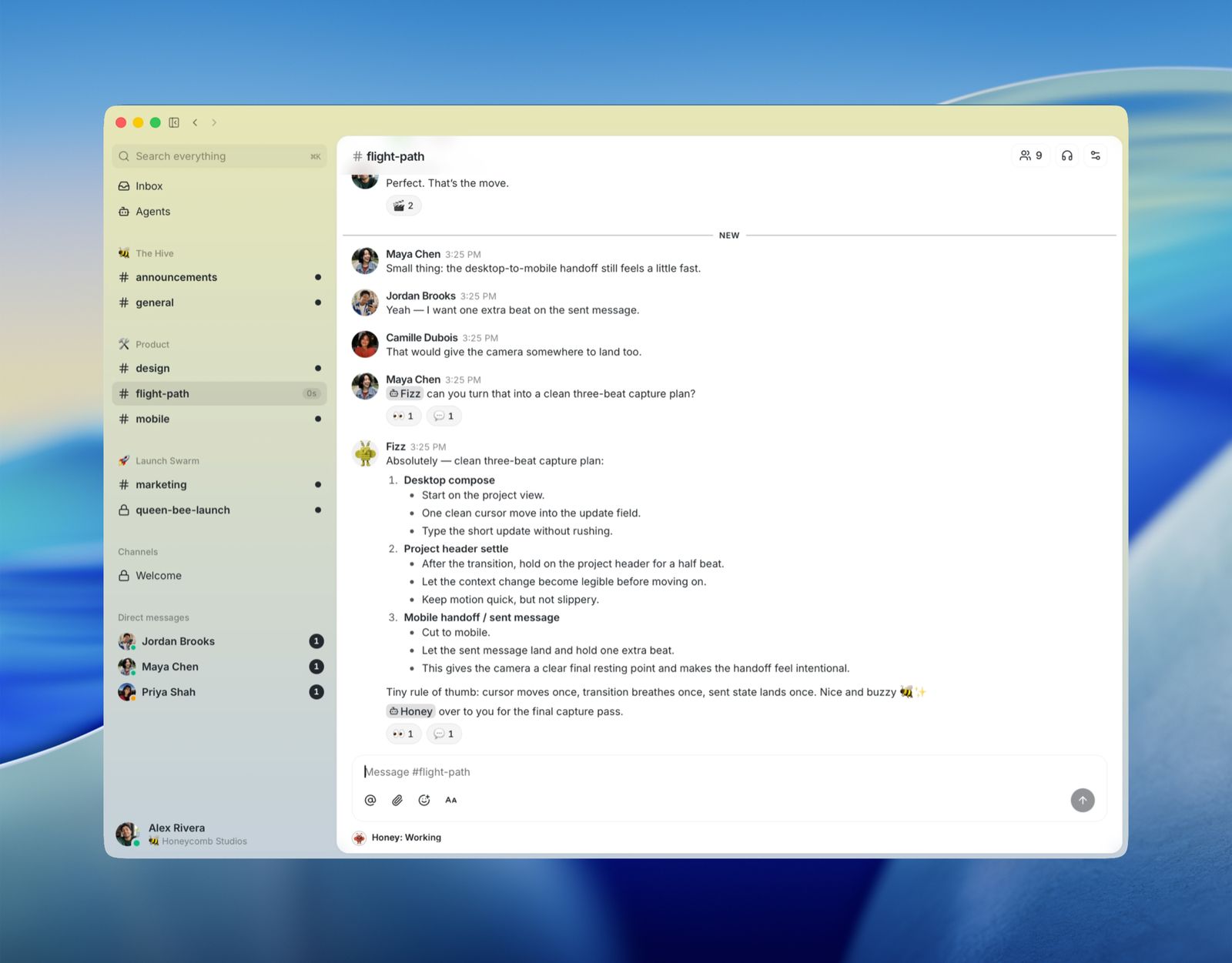 Buzz desktop, with a person asking an agent for a plan in a private channel